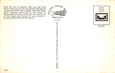 Tour de la Poste de Londres — vue panoramique — The Photographic Greeting Card Co. Ltd., Londres, n° C21341 — 뒷면