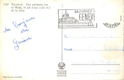 Genève — Vue aérienne sur la Rade, le jet d'eau (120 m.) et la Ville — Éditions Jaeger Genève n°7167 — 뒷면