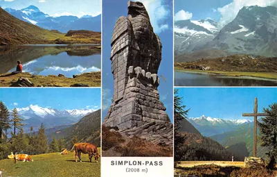 Simplon-Pass (2008 m) — vue panoramique avec monument et lac — éditeur Hotel Bellevue, Simplon-Kulm, n° 14137