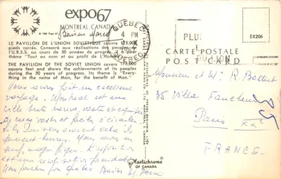 Pavilon Związku Radzieckiego — Expo 67 — wydawca Plastichrome of Canada — Rewers