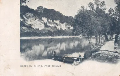 Bords du Rhône, près Genève — vue du fleuve avec bateau et falaise — éditeur Mercier & Cie, Epernay