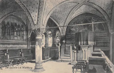 La chapelle de la Wartburg — intérieur avec fresques et colonne sculptée — éditeur Verlagsanstalt Carl Jugemann, Eisenach