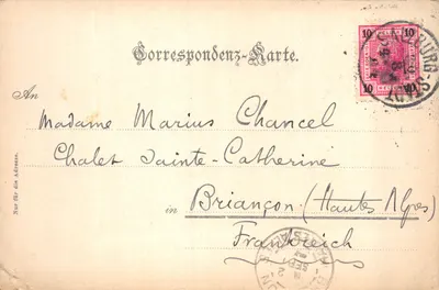 Salzburg — widok panoramiczny z zamkiem na wzgórzu i rzeką — wydawca R. Pf. nr 175 — Rewers
