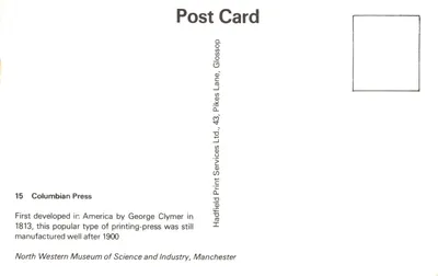 Presse Columbia — machine à imprimer ornée d'un aigle — éditée par Hadfield Print Services Ltd — Verso