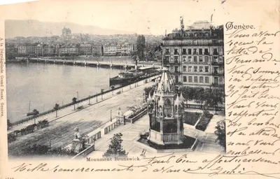 Monument Brunswick — vue de la rive du Rhône à Genève — éditeur A la Décrinoïde Grand Bazar, Genève, n° 1549