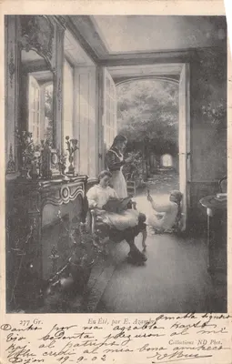 Intérieur d'une maison — scène d'été avec enfants et femme — éditeur E. Azambre, n° 277 Gr