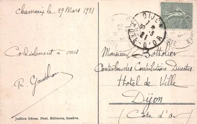 Chamonix i Mont-Blanc — panoramiczny widok z lodowcem — J.J. 95A — Rewers