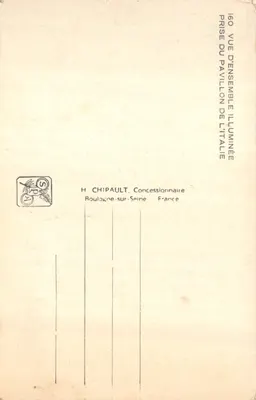 Exposition Internationale Paris 1937 — vue nocturne du Pavillon de l'Italie avec statue équestre et fontaine illuminée — éditeur H. Chipault, n° 160 — 뒷면