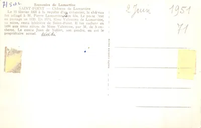 Saint-Point — Château de Lamartine — Photo Combier Macon — 背面