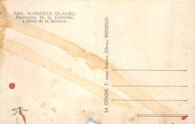 Marseille (B.-du-R.) — Panorama de la Corniche, L'Hôtel de la Réserve — Éditeur : LA CIGOGNE, 7, cours Estienne d'Orves, Marseille — Verso