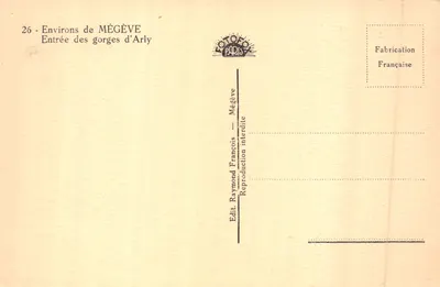 Entrada a las gargantas de Arly — puente de piedra en medio de un bosque denso — editor R.F. (impreso en la tarjeta) — Reverso
