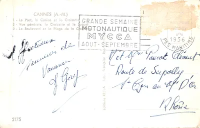 Cannes — vue panoramique du port, de la Croisette et de la plage — Éditions Rella, n°2175 — 裏面