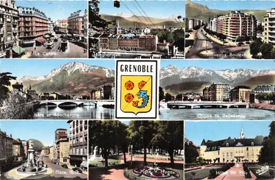 Grenoble — vue panoramique avec téléphérique, hôtel de ville et montagnes enneigées — Édition d'Art André