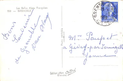 Grenoble — vue panoramique avec téléphérique, hôtel de ville et montagnes enneigées — Édition d'Art André — 背面