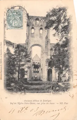 Ancienne Abbaye de Jumièges — Nef de l'Église Notre-Dame, vue prise du chœur — Librairie-Papeterie P. VEDIE, Caulebec-en-Caux, n° 27