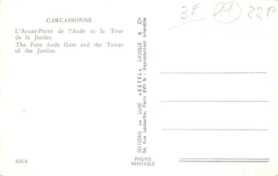 Carcassonne — L'Avant-Porte de l'Aude et la Tour de la Justice — Éditions « Estel » — 뒷면