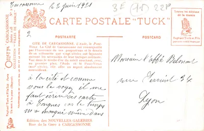 Carcassonne 도시. Aude 강, 오래된 다리 — 성과 다리의 Aude 강 전경, 발행사 OILETTE, 번호 2 — 뒷면