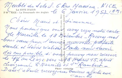 Vue de la Promenade des Anglais — Nice — éditeur Les Éditions M.A.R. n° F 49 — Verso
