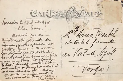 Lourdes — vue panoramique et scènes religieuses — éditeur CAP, n° 173 — Verso