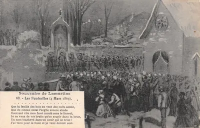 Les Funérailles (4 Mars 1869) — scène de deuil devant une église — Souvenirs de Lamartine, éditeur L. Forestier, n°69