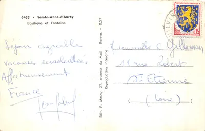 Sainte-Anne-d'Auray — Basilique et Fontaine — Edit. P. Mesny, 27, avenue du Mail, Rennes — Verso