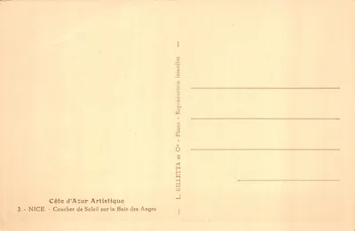 Coucher de soleil sur la Baie des Anges — Nice — Éditeur Gilletta, n°2 — Verso