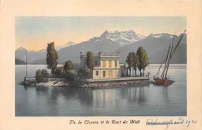 Ile de Clarens et la Dent du Midi — vue de l'île avec maison et montagne en arrière-plan — éditeur Charnaux frères & Co., Genève, n° 52463