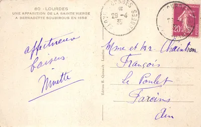 La Grotte de Lourdes — apparition de la Vierge à Bernadette Soubirous — édition E. Quinault — Verso