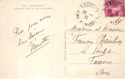 Lourdes — La Basilique et le Calvaire — Édition E. Quinault, Lourdes, n°20 — Verso