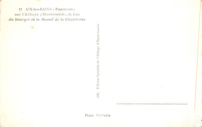 Aix-les-Bains — Panorama na abbatię Hautecombe, jezioro Bourget i maszt Chambotte — Specjalna edycja Abbatii Hautecombe — Rewers