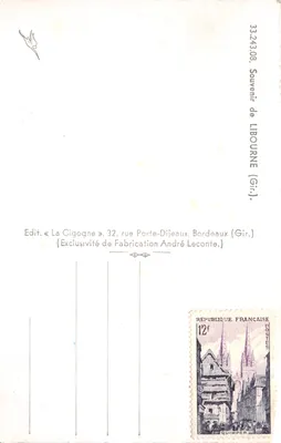 Libourne — vue panoramique avec pont, tour de l'Horloge et hôtel de ville — éditeur « La Cigogne » — 뒷면