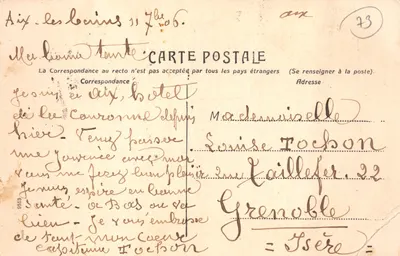 Aix-les-Bains — Vue Générale, Établissement Thermal, Lac du Bourget, Abbaye de Hautecombe, Château du Rocher du Roi, Cascade de Cresy — Souvenir. Éditeur : Aix-les-Bains — 뒷면