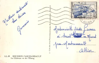 Zamek Bourbon-l'Archambault — widok z jeziora — wydawca Cie des Arts Photomécaniques, n° LL.20 — Rewers