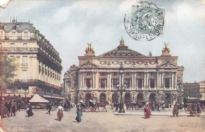 Paris - Opéra — façade du Grand Opéra avec scène de rue et calèche — éditeur Paris l'Opéra