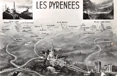 Les Pyrénées — carte illustrée avec itinéraires et sites — Cie des Arts Photomécaniques, 44 rue Letellier, Paris 15e