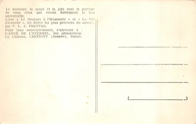 Scena biblijna — « Oni będą mieszkali każdy pod swoim winorośniętem i pod swoim gruszkiem » (Michał 4:4) — wydawca IMPRIMÉ SUR LA CARTE — Rewers