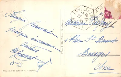 Lac de Hanau et Waldeck — vue du lac avec barque et tour au loin — FÉLIX LUIB, Éditeur, Strasbourg — Verso