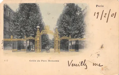 Grille du Parc Monceau — entrée ornée de grilles dorées et de lampadaires — éditeur B.F. Paris, n° 117