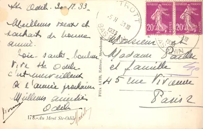 Mont Sainte-Odile — capela nevada — editor Félix LUB, Estrasburgo, n.º 178 — Verso