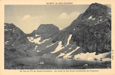 Lac et Pic du Grand Doménon — vue du massif de Belledonne avec les clochetons de Freydane — éditeur Cl. L. Beau, n° 29