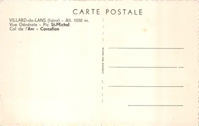 Villard-de-Lans — vue générale depuis le Pic St-Michel, avec le Col de l'Arc et le Pic Cornafion — éditeur Combier, imprimeur à Mâcon — पीछे