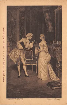 Scène de salon — couple en costume d'époque — éditeur Phoscao-Bébé, n° non visible