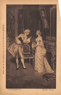 Scène de salon — couple en costume d'époque — éditeur Della Rocca, série COMPLIMENTS