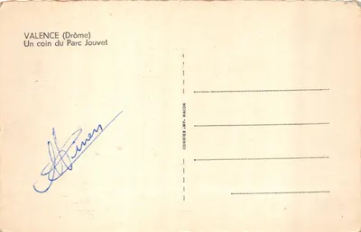 Parc Jouvet — widok na jezioro z łabędziem i tarasem na wysokosci — wydawca Combier, Drukarnia Macon — Rewers