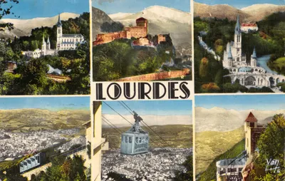 Lourdes — Vue panoramique avec basilique, château-fort et téléphérique — Éditeur P. CHAMBON-QUINAULT