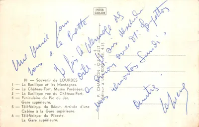 Lourdes — Vue panoramique avec basilique, château-fort et téléphérique — Éditeur P. CHAMBON-QUINAULT — पीछे