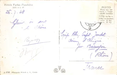 Rhôneglacier — widok na lodowiec i drogę zatężoną — Photoglob-Wehrli A.G., Zurych, nr x 4748 — Rewers
