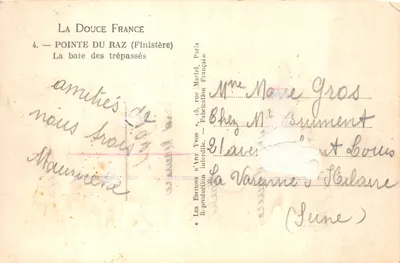 Pointe du Raz — vue des falaises et des vagues — éditeur La Douce France, n°4 — Verso