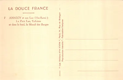 Anneyce et son Lac (Hte-Savoie) — Le Petit Lac, Talloires, avec le Massif des Bauges en arrière-plan — Éditions d'Art YVON — 裏面