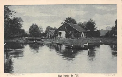Aux bords de l'Ill — vue de Strasbourg avec bateau et cabane — éditeur LUDWIG BREMER STRASBURG